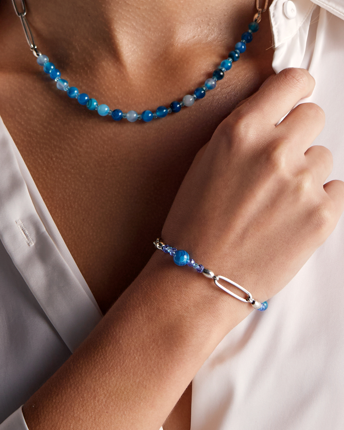 Pulseira Ágata Azul e Corrente - Prata Vintage - Image 2