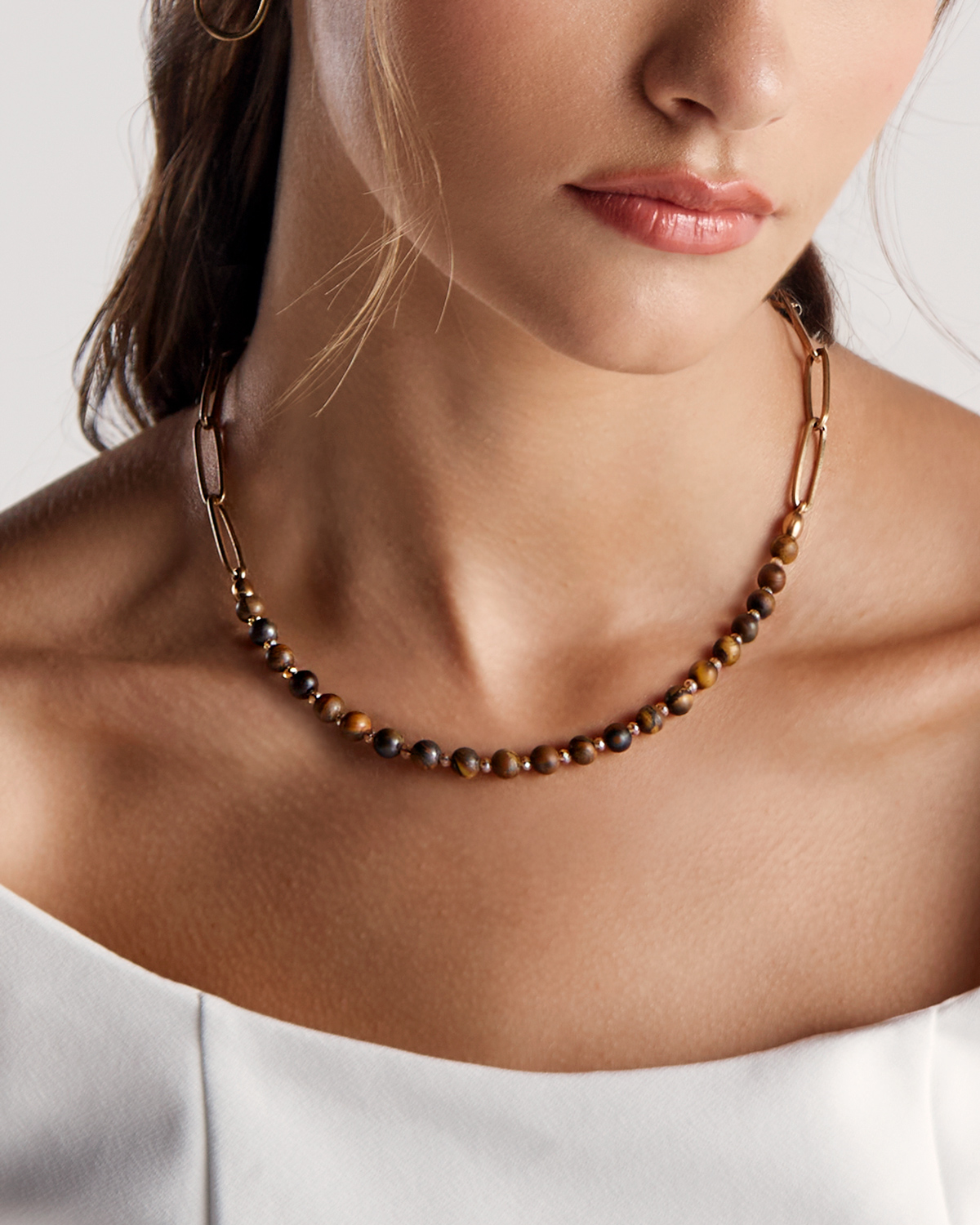 Colar Olho de Tigre e Corrente - Ouro Vintage 18K - Image 2